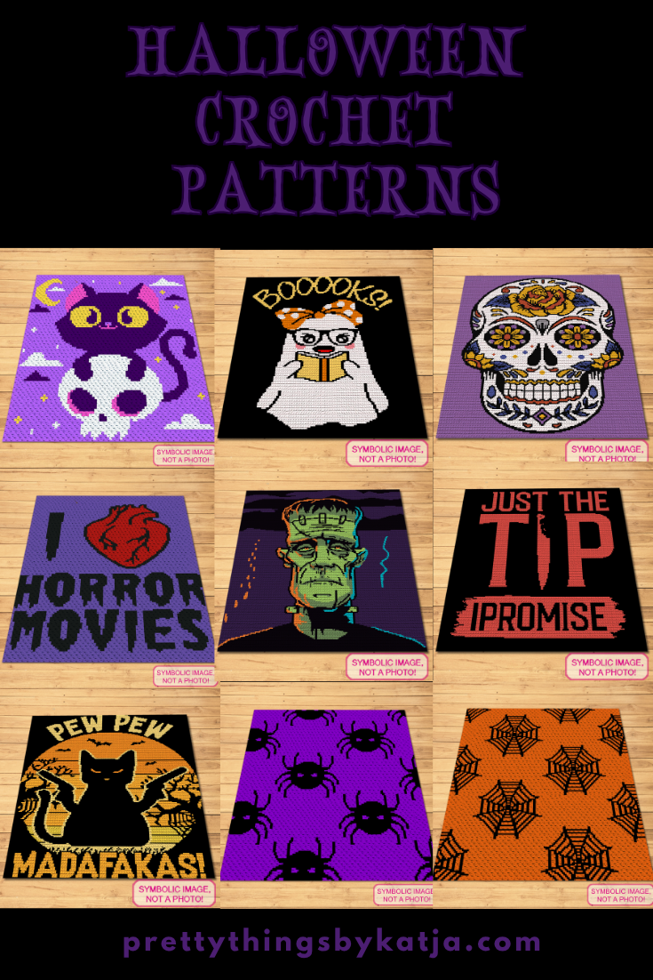 Horror crochet blanket pattern with creepy masked character for Halloween
Dark humor Halloween crochet blanket pattern in red and black
