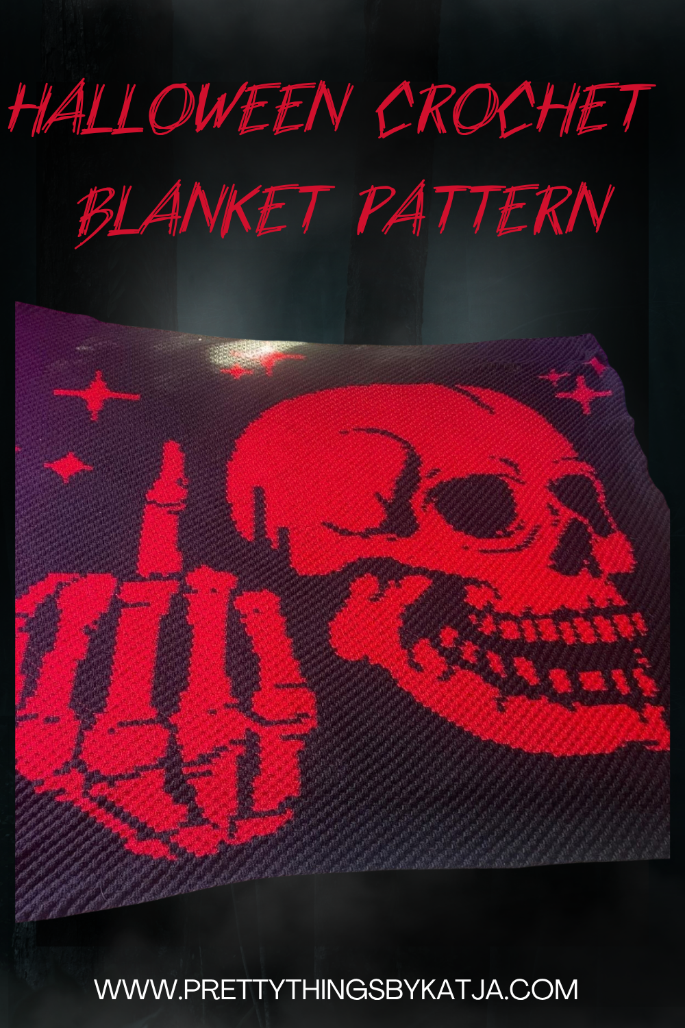 Customer-made Middle Finger Skull C2C Halloween crochet blanket in red and black