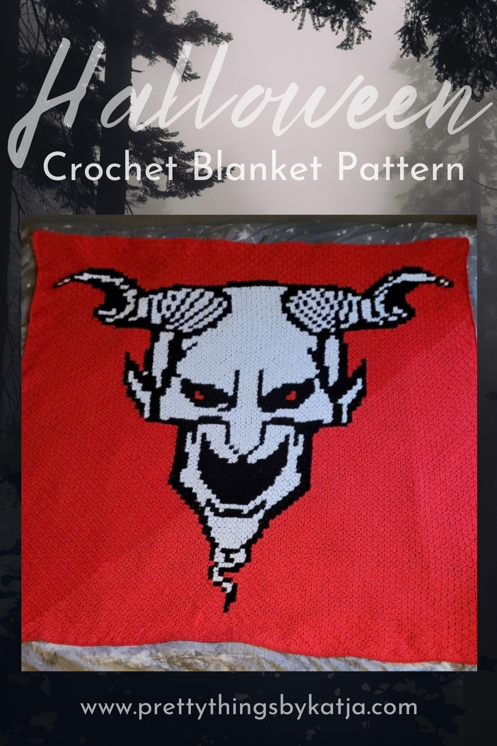 Customer-made red Devil C2C crochet blanket with black and white horned skull design