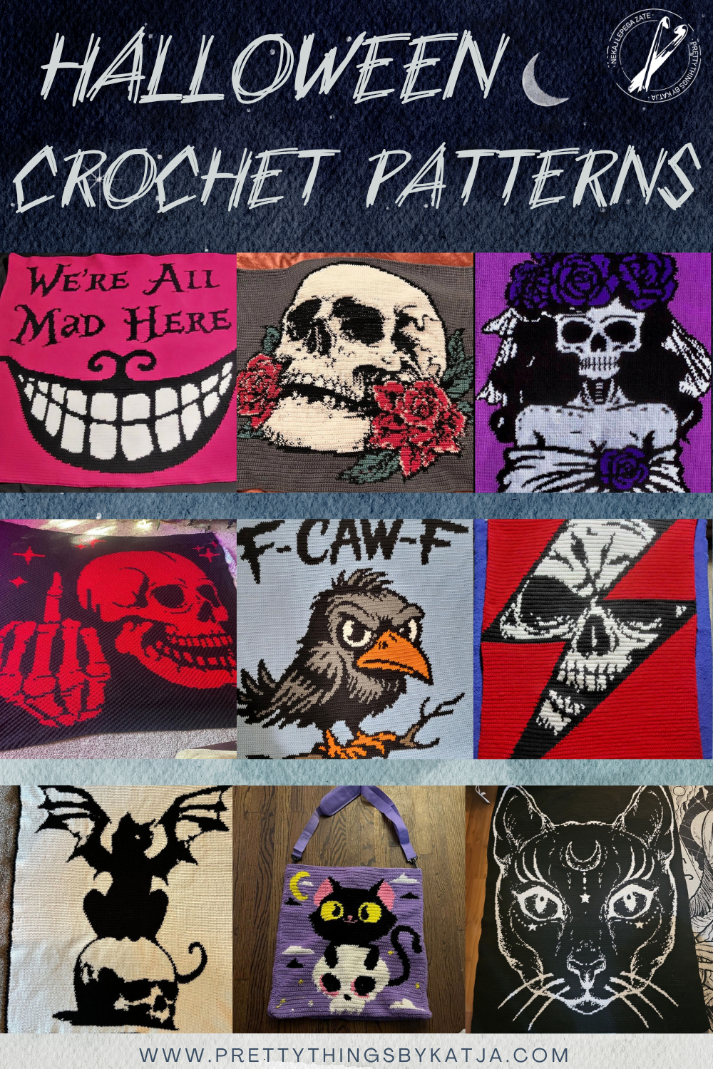 See 13 amazing Halloween crochet projects made by real crocheters, including skull blankets, witch graphghans, gothic cats, tarot crochet and C2C designs.