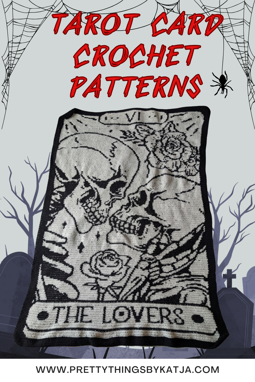 The Lovers tarot card crochet blanket made in black and cream yarn with skulls and roses