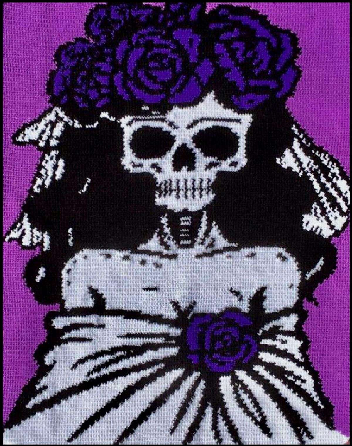 Finished Skeleton Bride crochet blanket with skull bride purple roses and gothic design