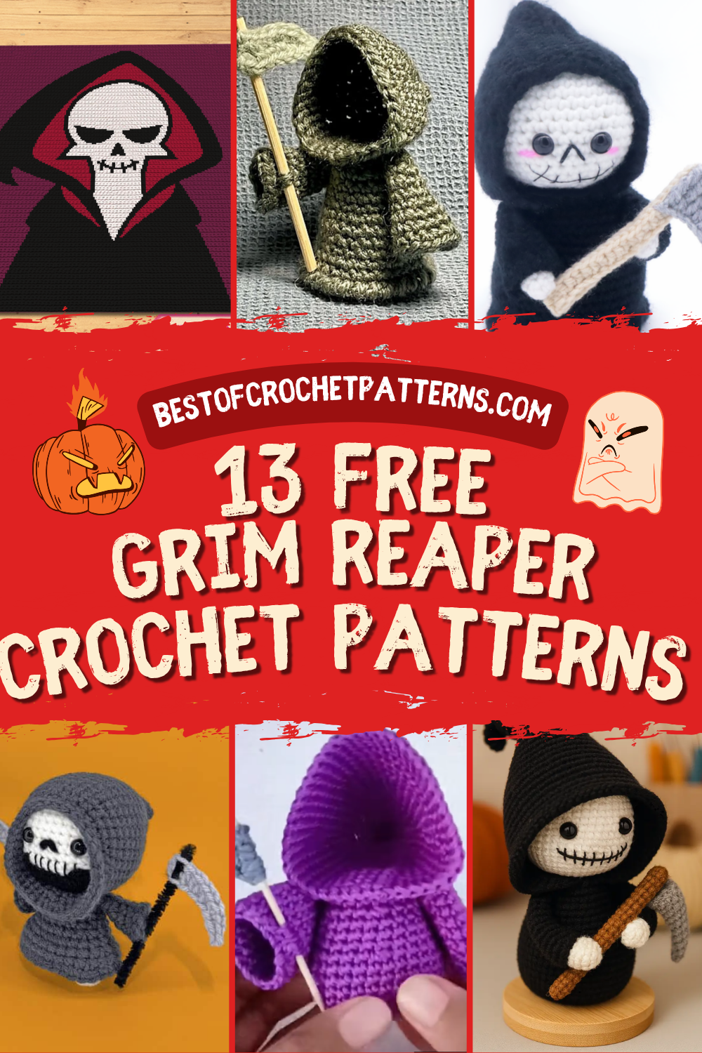 Looking for a free Grim Reaper crochet pattern? Discover 13 spooky and cute Halloween crochet projects including a FREE Grim Reaper blanket graphghan, mini amigurumi, plush Reapers, keychains and beginner-friendly patterns. Save this collection for your Halloween crochet list!