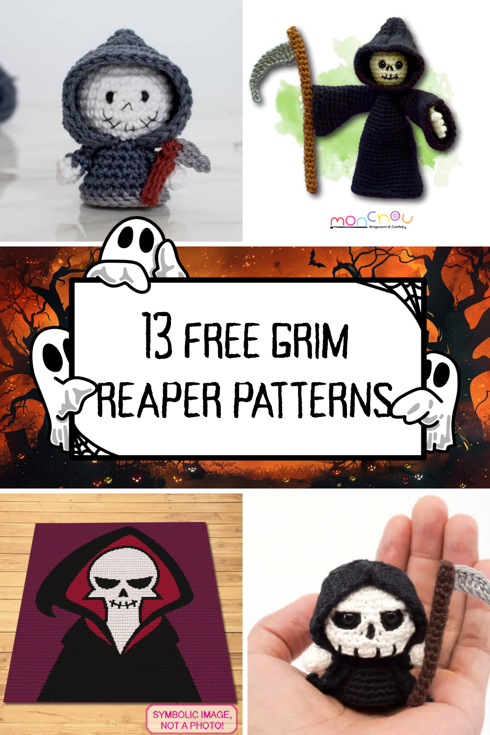 Looking for a free Grim Reaper crochet pattern? Discover 13 spooky and cute Halloween crochet projects including a FREE Grim Reaper blanket graphghan, mini amigurumi, plush Reapers, keychains and beginner-friendly patterns. Save this collection for your Halloween crochet list!