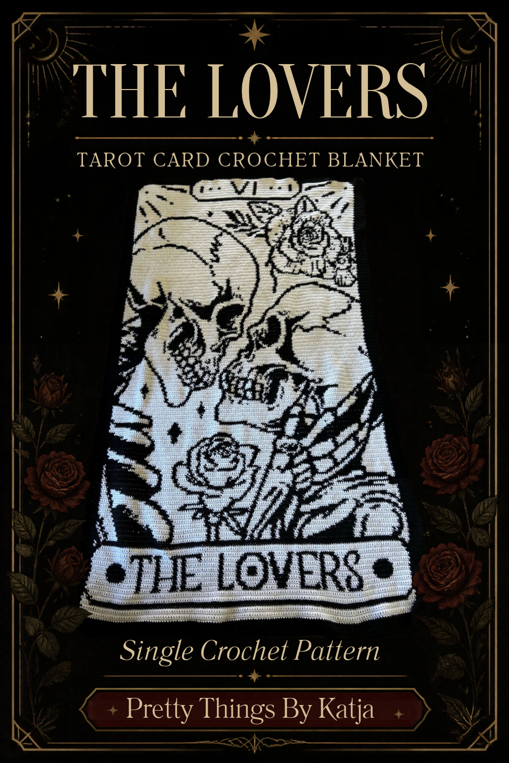 This crochet blanket looks complicated… but it uses only TWO colors! 🖤🤍 Discover The Lovers Tarot Card Crochet Pattern, a beginner-friendly SC graphghan worked in simple single crochet and color changes. See beautiful finished customer blankets and get inspiration for your own gothic crochet project.