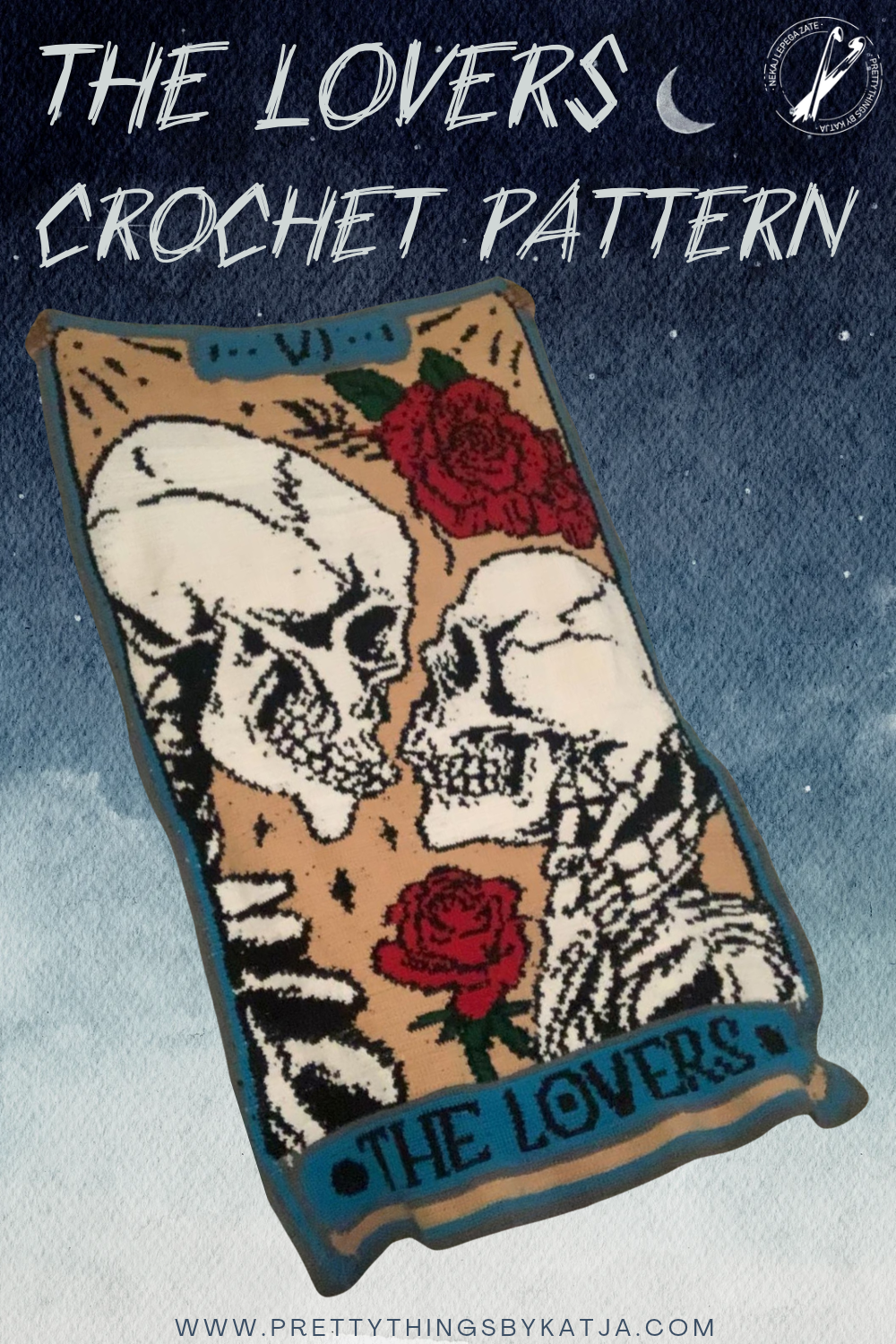 Love tarot crochet but want more than black and white? See The Lovers Tarot Card Blanket in a beautiful six-color version with white skulls, red roses, green leaves and bold gothic details. A stunning tapestry crochet project for Valentine’s Day, gothic décor and tarot lovers.